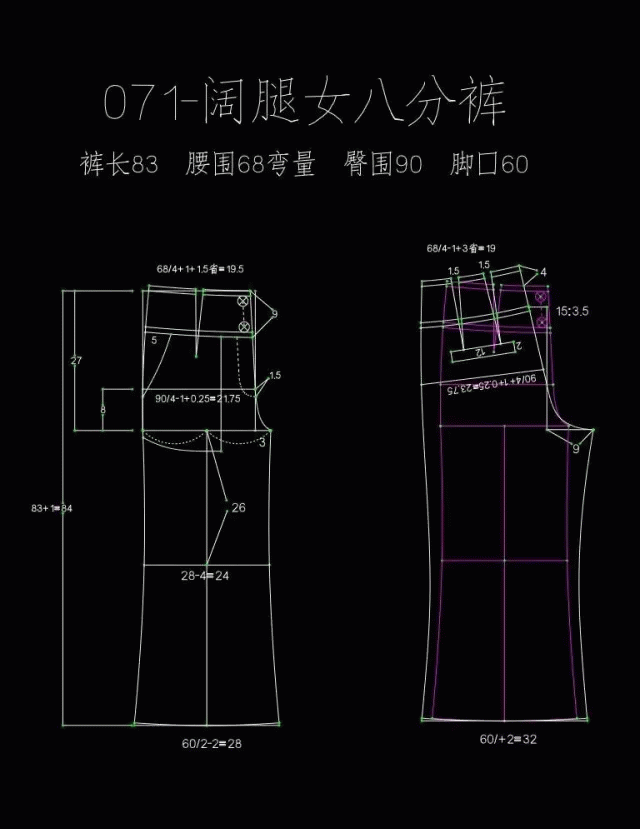 女士阔腿八分裤的制版图分享
