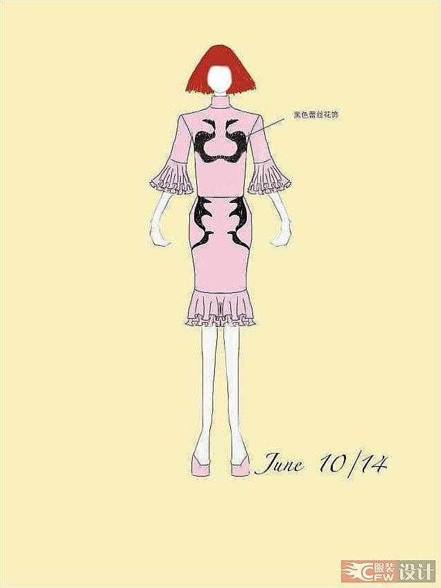 粉色蕾丝刺绣修身连衣裙子作品-粉色蕾丝刺绣修身连衣裙子款式图