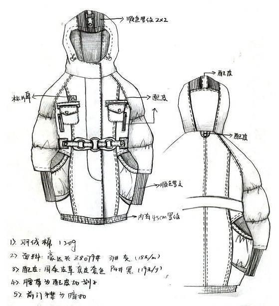 羽绒服款式工艺图手稿