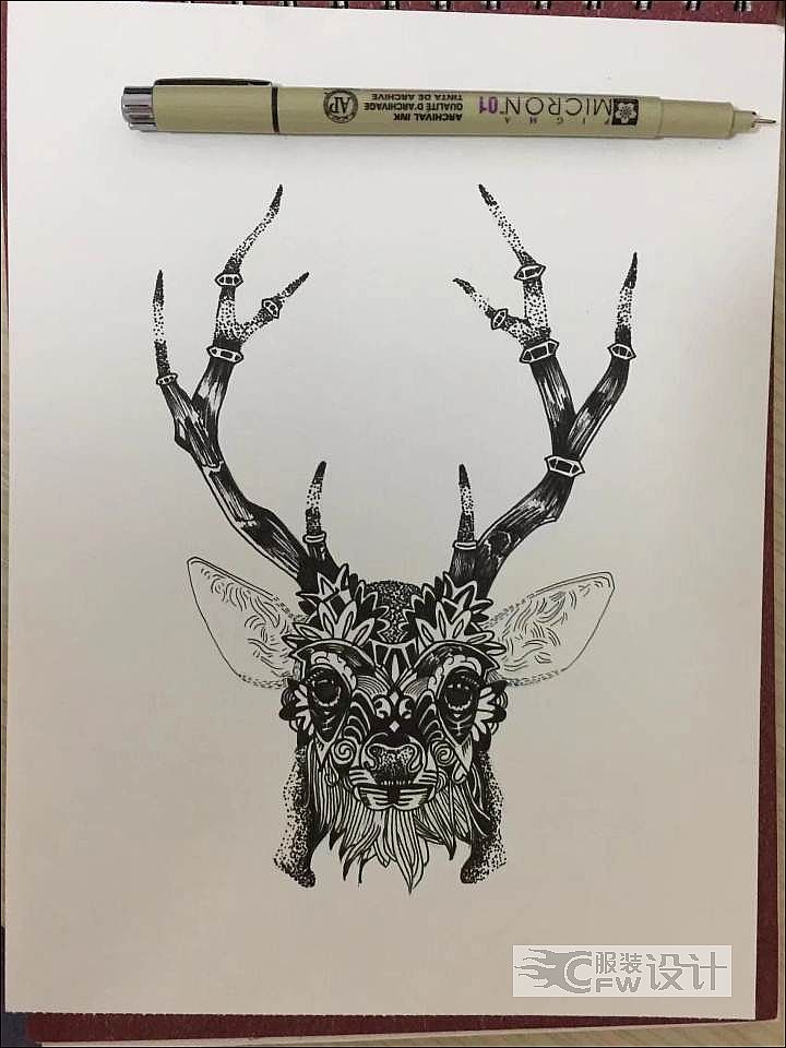 鹿,黑白手绘图案-图案设计设计-服装设计