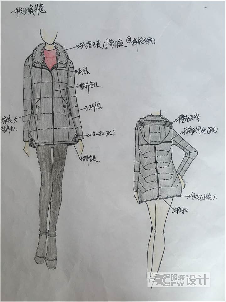 手绘羽绒服作品-手绘羽绒服款式图